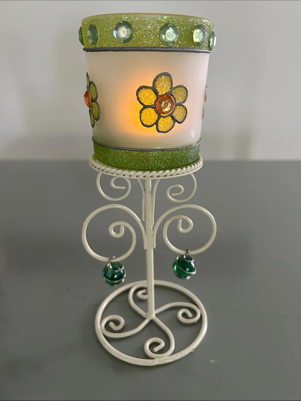 Tea Light green flowered candle holder with green gems H 8.5 inches